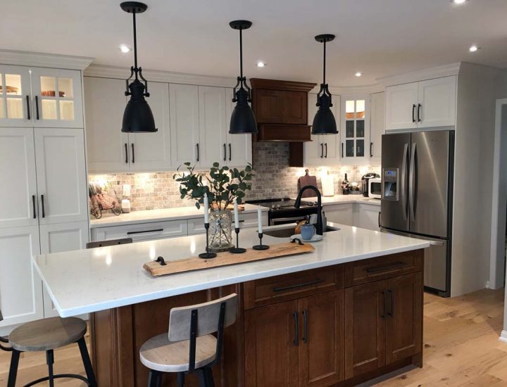 Stunning White and Classic Wood Grain Combine and Open The Layout of this Kitchen